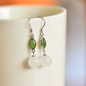 A Pair of Exquisite Sterling Silver Inlaid White Jade Enamel Earrings
