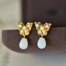 A Pair of Exquisite Sterling Silver-Gold Plated Inlaid White Jade Earrings,Inlaid Pearl