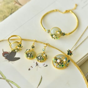 A Set of Fine Sterling Silver-Gold Plated Inlaid White Jade Jewelrys,Inlaid Pearl