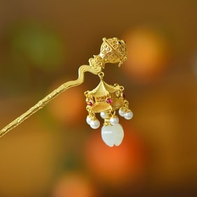 An Exquisite Sterling Silver-Gold Plated Inlaid White Jade Hairpin