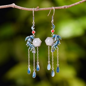 A Pair of Exquisite Sterling Silver Inlaid White Jade Enamel Earrings