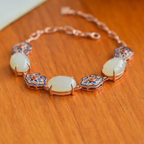 An Exquisite Sterling Silver Inlaid White Jade Enamel Bracelet,Inlaid Gems