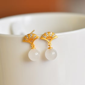 A Pair of Exquisite Sterling Silver-Gold Plated Inlaid White Jade Earrings,Inlaid Diamond