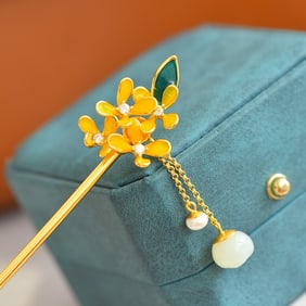 An Exquisite Sterling Silver-Gold Plated Inlaid White Jade Enamel Hairpin,Inlaid Diamond