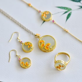 A Set of Fine Sterling Silver-Gold Plated Inlaid White Jade Jewelry