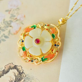 An Exquisite Sterling Silver-Gold Plated Inlaid White Jade Pendant
