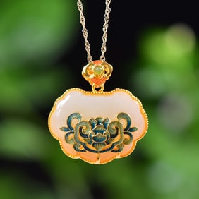 An Exquisite  Sterling Silver-Gold Plated Inlaid White Jade Enamel Necklace