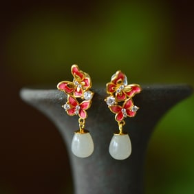 A Pair of Exquisite Sterling Silver-Gold Plated Inlaid White Jade Earrings,Inlaid Diamond