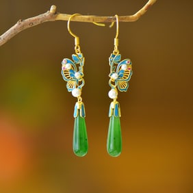 A Pair of Exquisite Sterling Silver Inlaid Jasper Butterfly Pattern Earrings