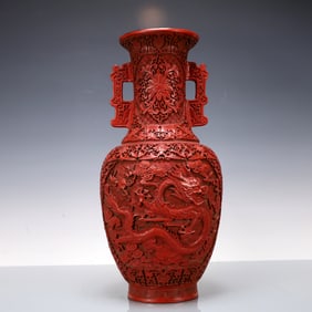 A Exquisite Carved Red Lacquer Lotus Pattern Dragon Pattern Double-Ears Vase