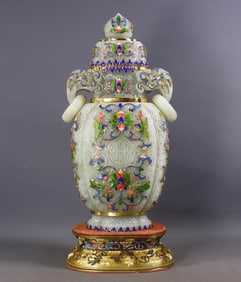An Exquisite White Jade Inlaid Gilt Silver Lotus Pattern Double-Ears Vase