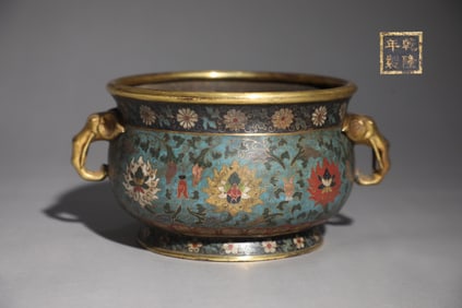 An Exquisite Cloisonne Lotus Pattern Double-Ears Censer