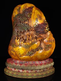 An Exquisite Shoushan Stone Painted Color Landscape and Figure Pattern Seal Ornament