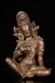 An Exquisite Gilt Bronze Inlaid Turquoise Statue of Avalokitesvara
