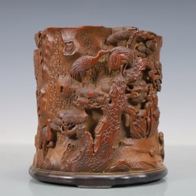 A Exquisite Zitanwood Pine and Crane Pattern Character and Story Pattern with poem Brush Pot