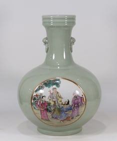 An Exquisite Famille-Rose Celadon Glazed Character and Story Pattern Double-Ears Vase