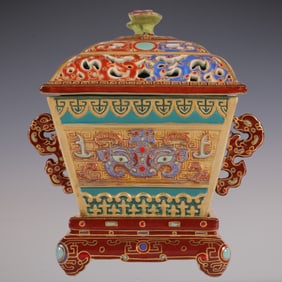 An Exquisite Enamel Painted Gold Beast-Face Pattern Double-Ears Censer