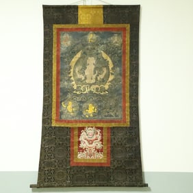 An Exquisite Brocade Painted Color Four-arms Statue of Avalokitesvara Tangka