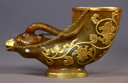 An Exquisite White Jade Cover with Gold Lotus Pattern Cup