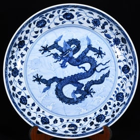 An Exquisite Blue and White Dragon Pattern Lotus Pattern Seawater Pattern Plate