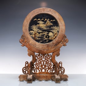 A Exquisite Huanghuali Wood Inlaid Carved Red Lacquer Landscape and Figure Pattern with poem Screen