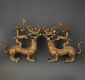 A Pair of Exquisite Bronze Inlaid Gold With Inscription Auspicious Beast Ornament
