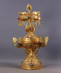 An Exquisite Gilt Bronze Inlaid Gems Double-Ears Censer