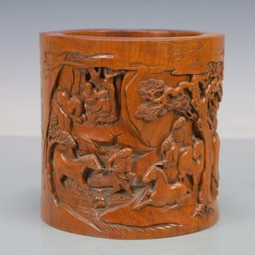A Exquisite Boxwood Character and Story Pattern with poem Brush Pot