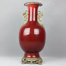 An Exquisite Lang Red Glazed Inlaid Bronze Double-Ears Vase