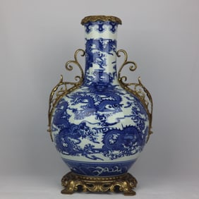 An Exquisite Blue and White Inlaid Bronze Dragon Pattern Seawater Pattern Double-Ears Vase