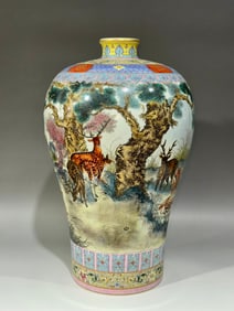 An Exquisite Famille-Rose Painted Gold Lotus Pattern Pine and Crane Pattern Sika Deer Pattern Vase