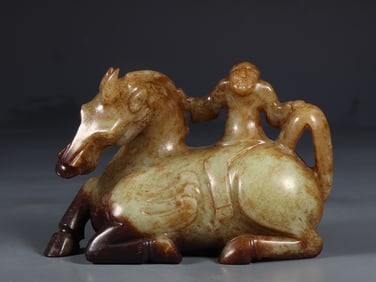 An Exquisite White Jade Figure Riding Horse Ornament