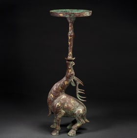 An Exquisite Bronze Inlaid Gold and Silver Sika Deer-Shaped Candlestick