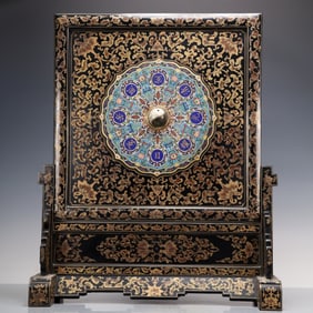 A Exquisite Carved Red Lacquer Inlaid Cloisonne Landscape and Figure Pattern Screen