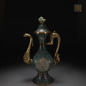 An Exquisite Cloisonne Inlaid White Jade Lotus Pattern Eight Treasures Pattern Flower and Bird