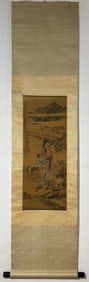 A Chinese Vertical Scroll Ink Painting of Character and Story on Silk