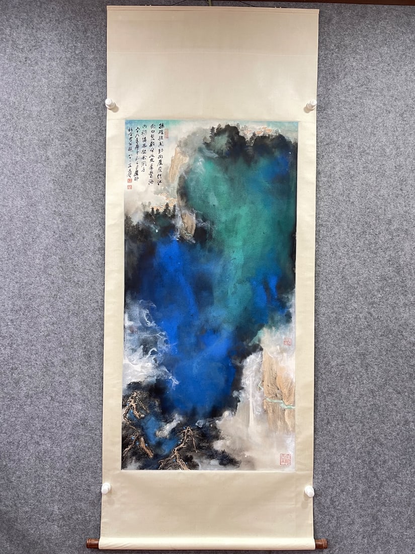 A Chinese Vertical Scroll Ink Painting of Landscape on Paper: A Chinese Vertical Scroll Ink Painting of Landscape on Paper Zhang da qian Without frame Size:54.3inx26.8in张大千泼彩山水 纸本立轴With