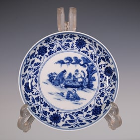 An Exquisite Blue and White Lotus Pattern Character and Story Pattern Plate