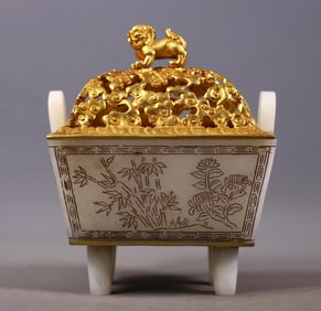 An Exquisite White Jade Cover with Gold Flower Pattern with poem Double-Ears Censer