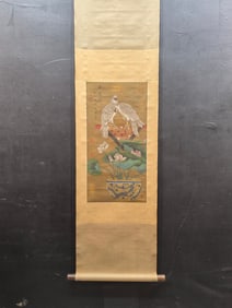 A Chinese Vertical Scroll Ink Painting of Flower and Bird on Silk