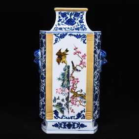 An Exquisite Famille-Rose Blue and White Painted Gold Flower and Bird Pattern Lotus Pattern