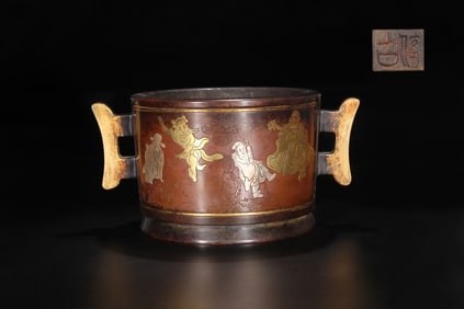 An Exquisite Bronze Inlaid Gold and Silver Character and Story Pattern Double-Ears Censer