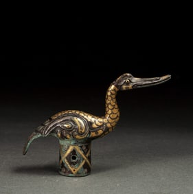 An Exquisite Bronze Inlaid Gold and Silver Crane-Shaped Ornament