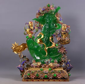An Exquisite Gilt Bronze Inlaid Jadeite Statue of Avalokitesvara