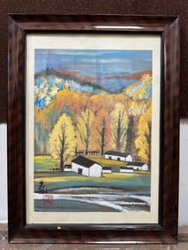 A Chinese Ink Painting of Landscape on Paper With Frame