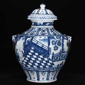 An Exquisite Blue and White Character and Story Pattern Double-Ears Jar