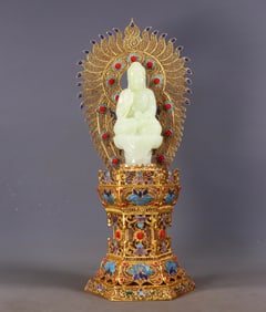An Exquisite Gilt Bronze Inlaid White Jade Buddha Statue
