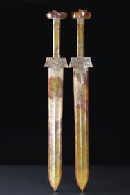 A Pair of Exquisite White Jade Beast-Face Pattern Chi-Dragon Pattern With Inscription Sword