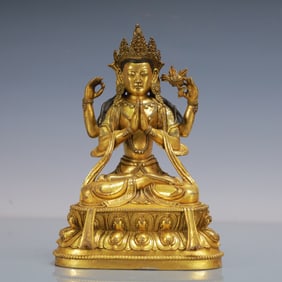 A Exquisite Gilt Bronze Four-arms Statue of Avalokitesvara