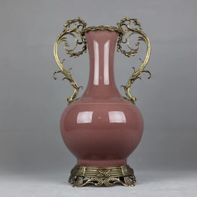 An Exquisite PeachBloom-Glazed Inlaid Bronze Double-Ears Vase